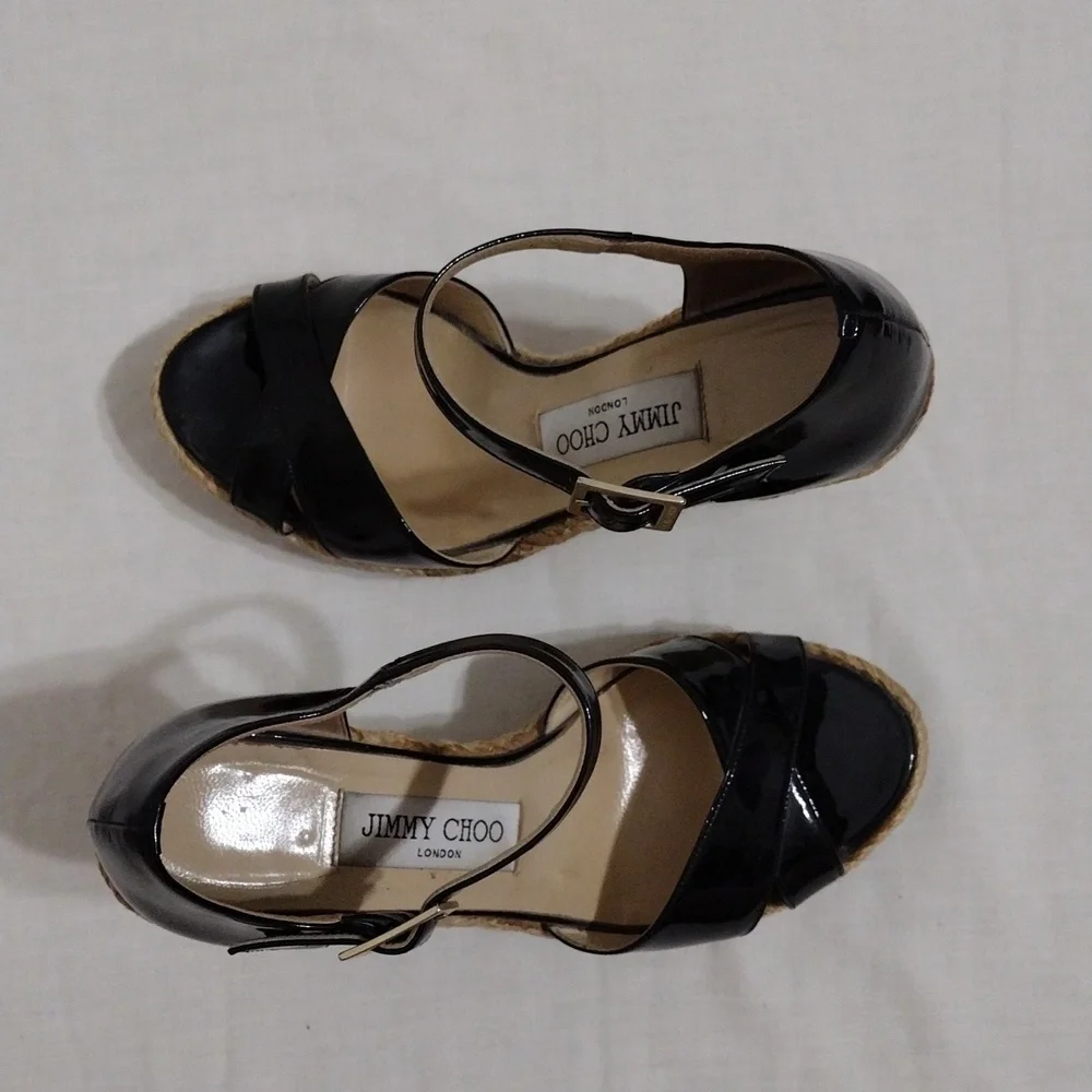 Jimmy Choo Designer Paisley Patent Leather Wedge Sandals Ankle Strap US 6 Chic